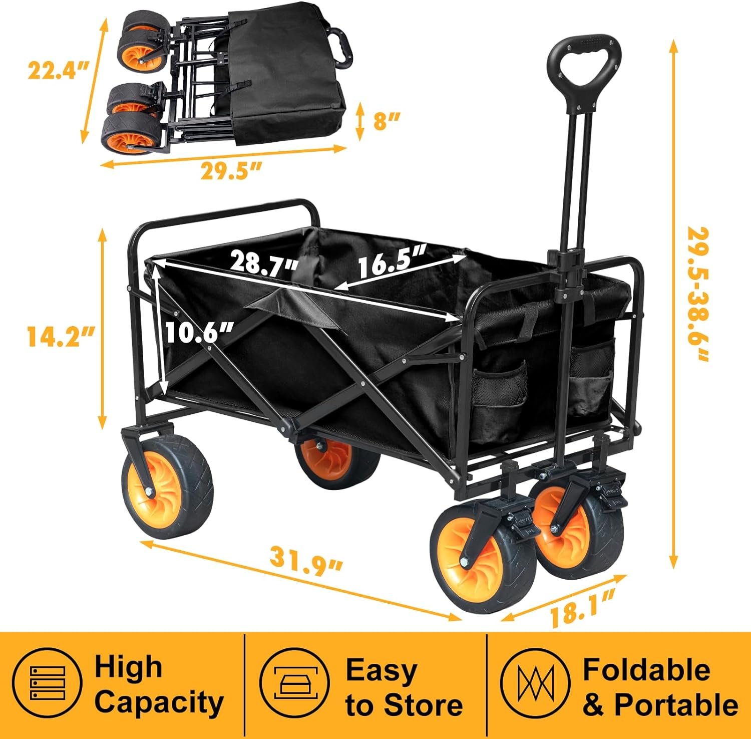 Összecsukható négykerekű gurulós kocsi, nagy teherbírású kiszélesített kerekekkel folding wagon Összecsukható négykerekű gurulós kocsi, nagy teherbírású kiszélesített kerekekkel folding wagon