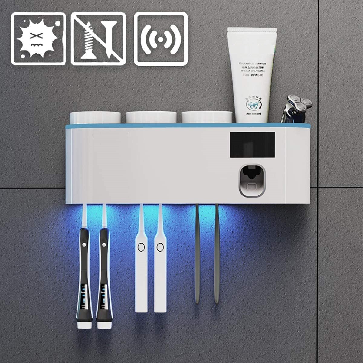falra szerelhető uv fényes fertőtlenítő, fogkefe sterilizáló és fogkrém adagoló fogmosó pohárral falra szerelhető uv fényes fertőtlenítő, fogkefe sterilizáló és fogkrém adagoló fogmosó pohárral