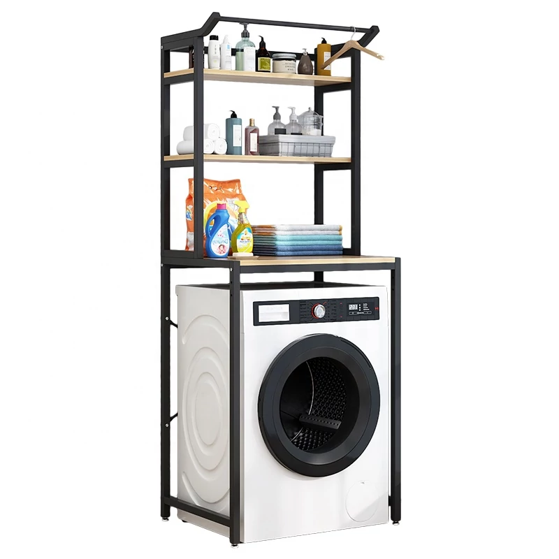 3 szintes masszív fém fürdőszobai polcrendszer mosógép fölé fa polcokkal, fekete 175 cm 3 szintes masszív fém fürdőszobai polcrendszer mosógép fölé fa polcokkal, fekete 175 cm