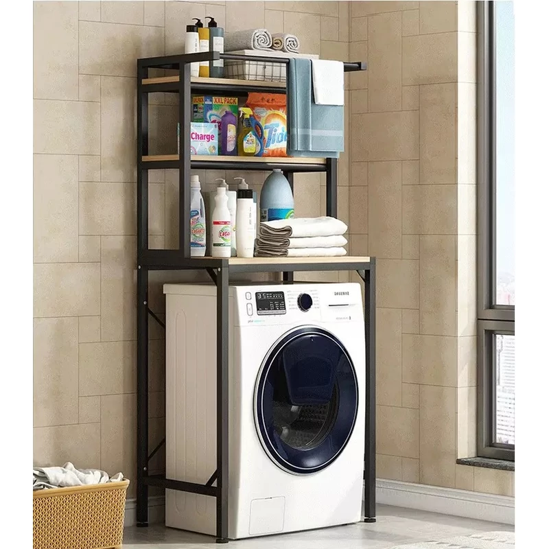 3 szintes masszív fém fürdőszobai polcrendszer mosógép fölé fa polcokkal, fekete 175 cm 3 szintes masszív fém fürdőszobai polcrendszer mosógép fölé fa polcokkal, fekete 175 cm