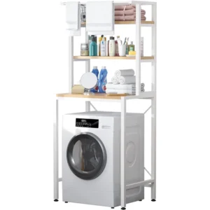 3 szintes masszív fém fürdőszobai polcrendszer mosógép fölé fa polcokkal, fehér 175 cm