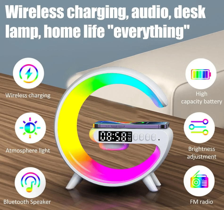 multifunkciós szórakoztató állomás – bluetooth hangszóró, vezeték nélküli töltő, rgb led party fény és éjszakai lámpa – 10w multifunkciós szórakoztató állomás – bluetooth hangszóró, vezeték nélküli töltő, rgb led party fény és éjszakai lámpa – 10w