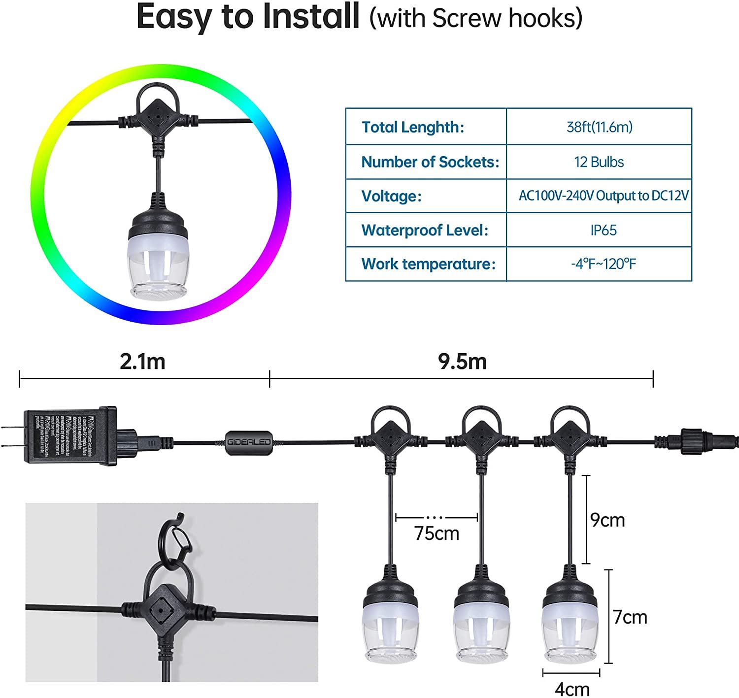 bluetooth kültéri rgb okos led égősor színes 9m f12c bluetooth kültéri rgb okos led égősor színes 9m f12c